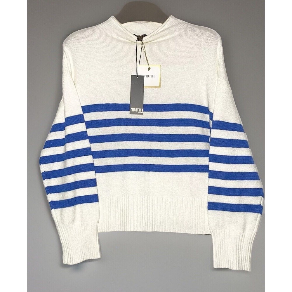 TRUTH Republic Women Knit Sweater XL/TG Pullover Ivory Blue Rugby Soft Light NEW